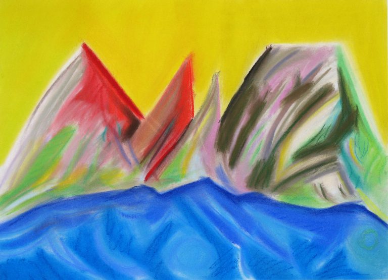 pastel on paper entitled Red Mountain Yellow Sky, by Linda Hains