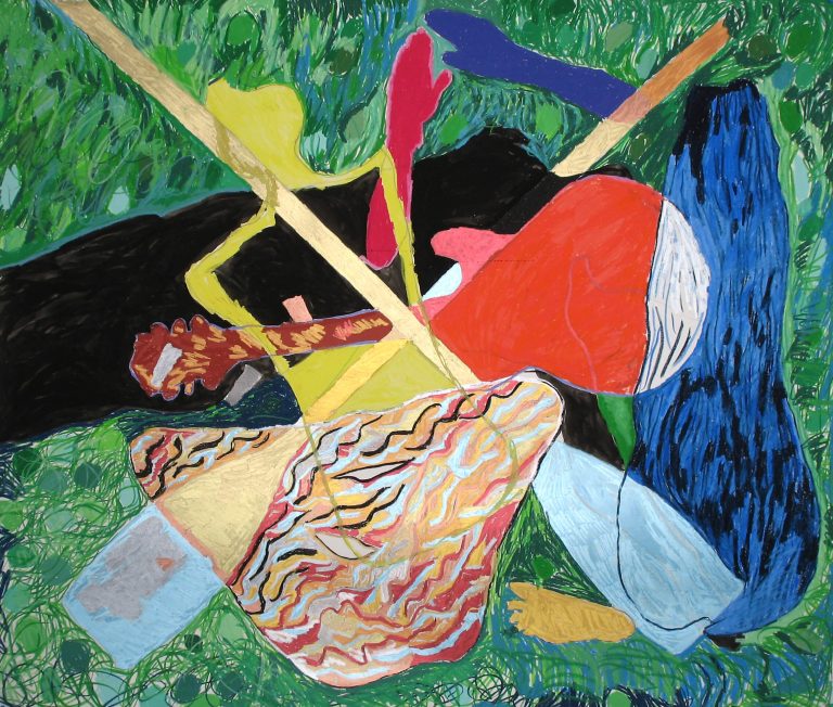 Paddles Guitar, oil pastel on paper, 48 x 60 inches, by Linda Hains