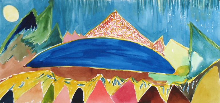 Red Mountain Blue Lake, watercolor on paper, 14 x 30 inches, by Linda Hains