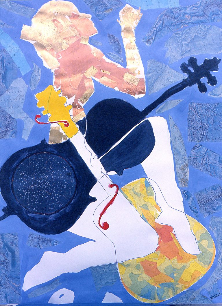World, paint and collage on paper, 36 × 51 inches, by Linda Hains