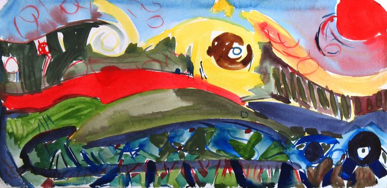 Yellow Mountain Red Sun, watercolor on paper, 14 x 25 inches,  by Linda Hains