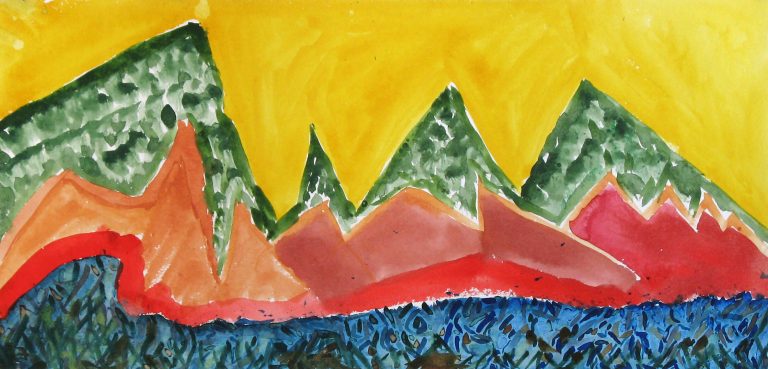 Yellow Sky Green Mountains, watercolor on paper, 14 x 25 inches, by Linda Hains